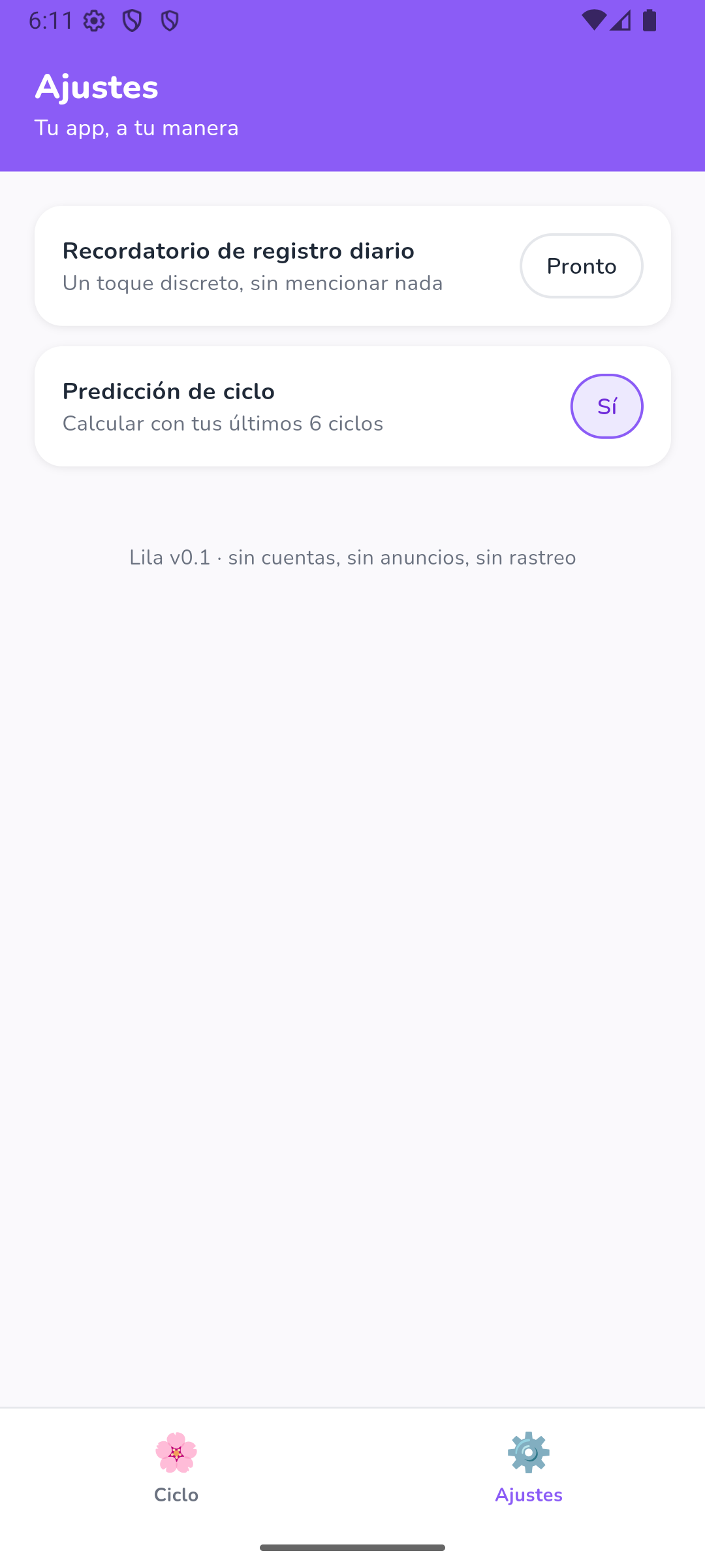 Pantalla de ajustes de Lila