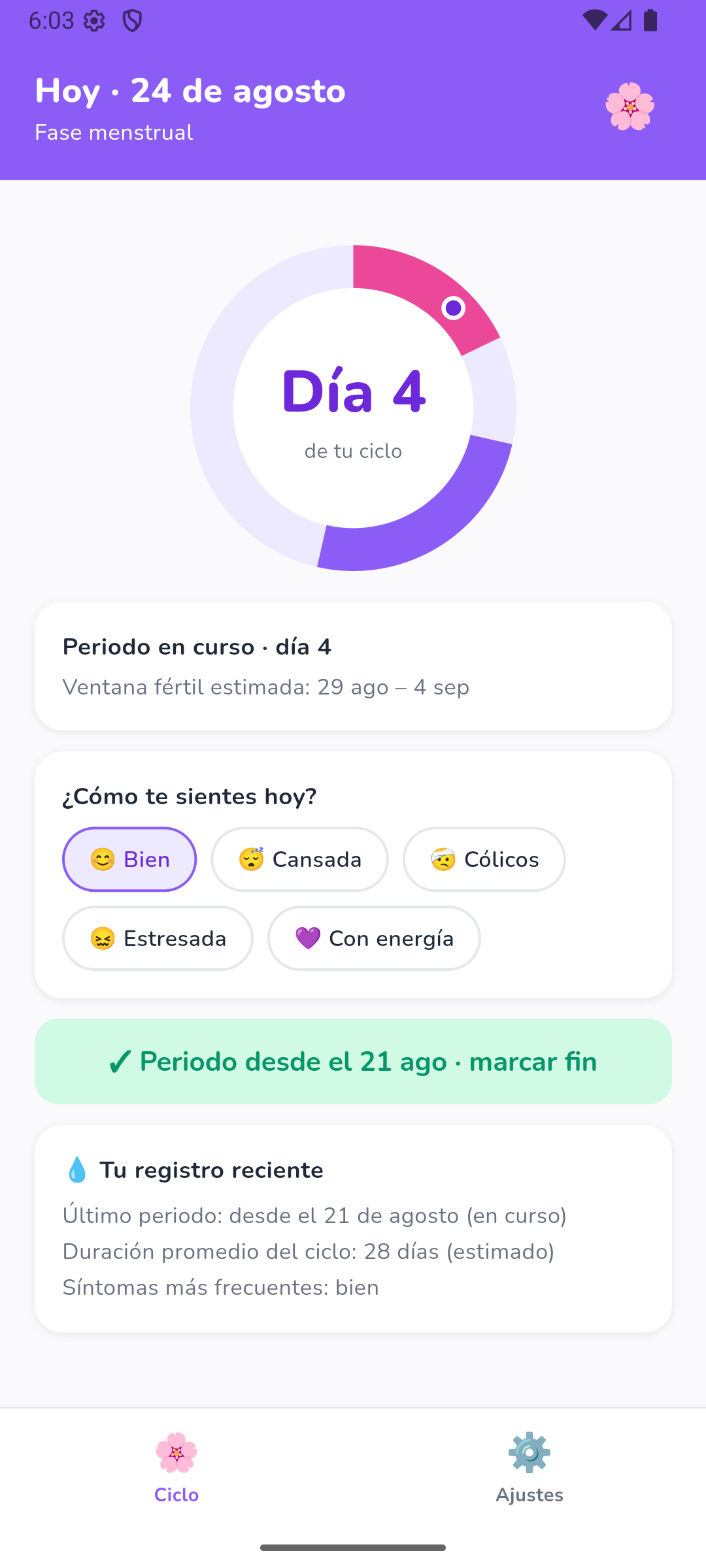 Pantalla de ciclo de Lila, mostrando el día del ciclo y cómo te sientes hoy